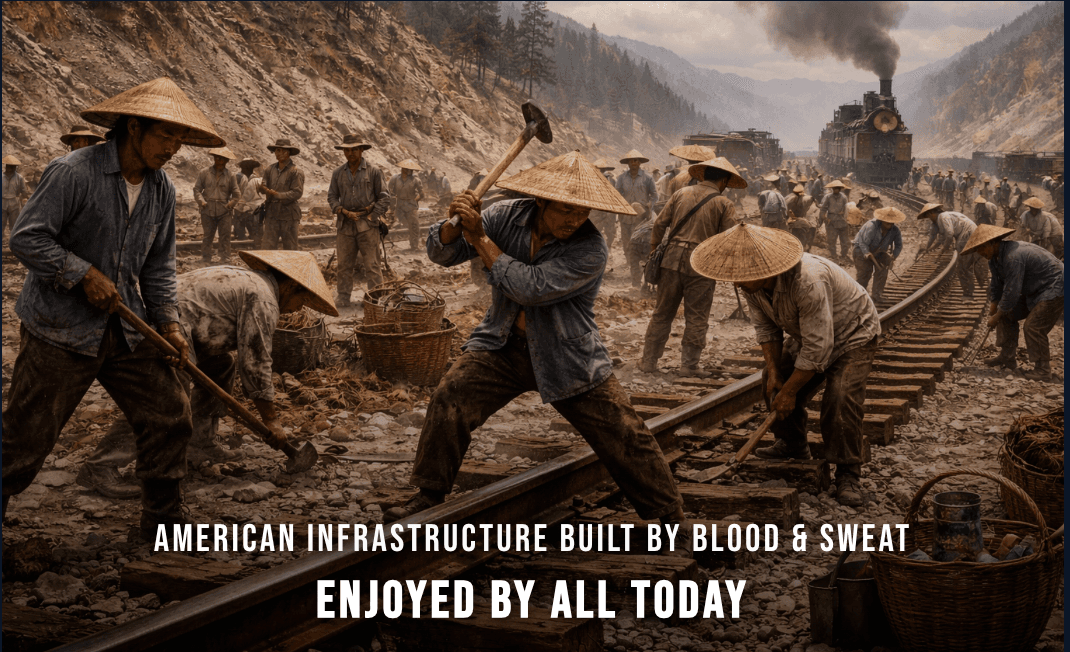Railroad laborers laying track by hand with sledgehammers and shovels as a steam locomotive waits in a mountain pass. Caption: American infrastructure built by blood and sweat, enjoyed by all today.
